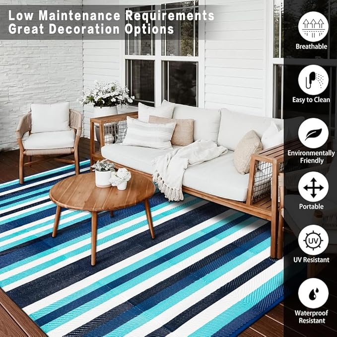 HUGEAR Outdoor Waterproof Rug 6'x9' Plastic Straw Rugs Washable Reversible Floor Mat Blue Stripe Carpet for Camping RV Deck Entryance Porch Picnic Balcony Beach Backyard