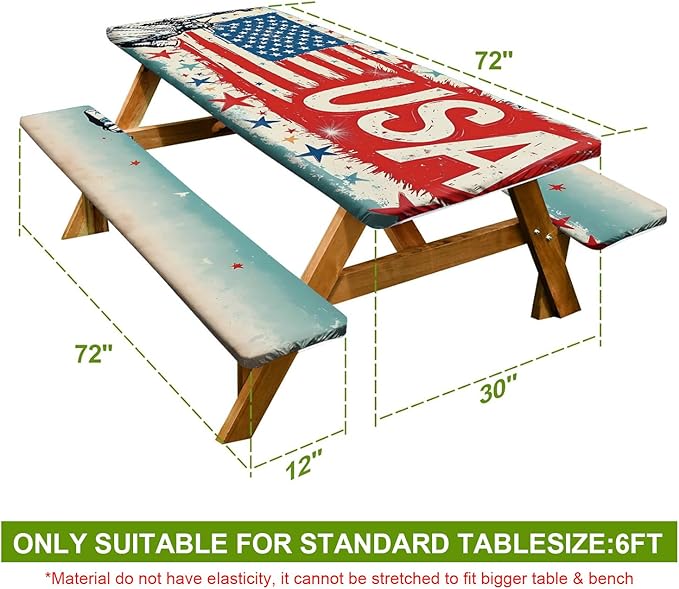 Patriotic USA Picnic Table Cover with Bench Covers Set of 3 - American Flag and Butterfly Pattern, Elastic Fitted Tablecloth for 6 Ft Tables, Washable Polyester Cover for Patio, Indoor & Outdoor