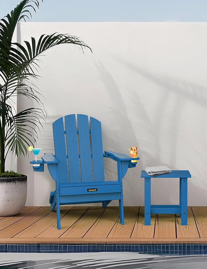 Folding Adirondack Chair Set of 6, Wooden Textured Plastic Adirondack Chairs with 2 Cup Holder, Weather Resistant HDPE Fire Pit Chair, Outdoor Patio Chairs for Garden, Backyard, Lawn, Deck, Blue