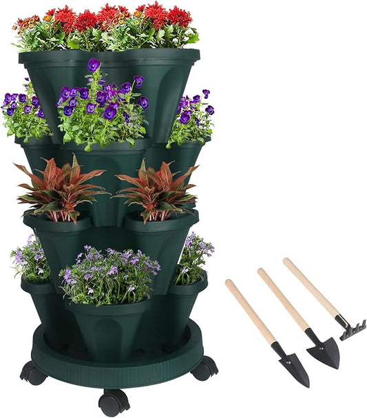 GameXcel Vertical Planter 4 Tier Stackable Planters Garden Planters Strawberry Herb Flower and Vegetable Planter Indoor Outdoor Gardening Pots with Removable Wheels and Tools
