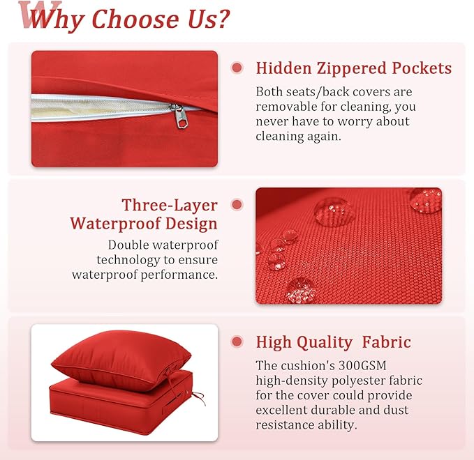 Outdoor Patio Chair Cushions Set 22 L X 24 W X 4 H Waterproof & Fade Resistant Deep Seat and Back Cushions with Removable Covers Outdoor Seat Cushion Set for Chairs and Sofas