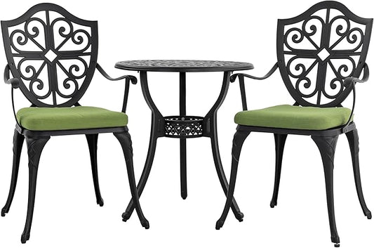 NUU GARDEN 3 Piece Outdoor Bistro Set, Outdoor Cast Aluminum Patio Bistro Table and Chairs Set of 2 with Umbrella Hole and Green Cushions for Backyard, Balcony, Porch, Black