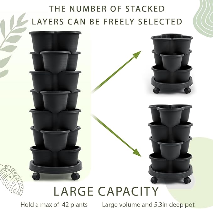 Umigy 2 Set of 7 Tier Stackable Vertical Planters with Removable Wheels and Tools Tower Planters Strawberry Herb Flower Vegetable Pots Indoor Outdoor Gardening Pots(Black)