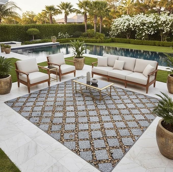 Natural Grey Brown Pebbles and Rocks Rustic Farmhouse Waterproof Outdoor Rugs for Patios Deck Porch Balcony Garden Camping Backyard Low Pile Mat Thin Quick Dry Durable Art Deco Floor Carpet 10x12