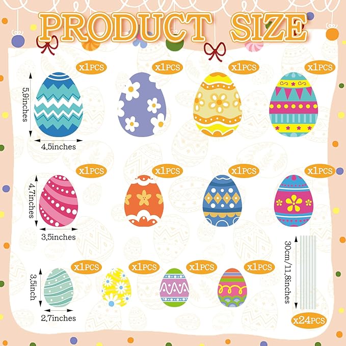 12 Pcs Easter Planter Stakes Egg Shaped Garden Signs Outdoor Decorations Decorative Cute Colorful Egg Yard Stakes for Easter Party Home Outside Potted Planter Lawn Patio Porch Supplies