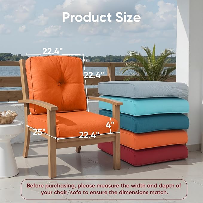 Outdoor Chair Cushion Set of 2, Water-repellent Outdoor Seat Cushions 25x22 , Patio Chair Cushions for Outdoor Furniture, Couch Cushion Replacement, Include 2 Back & 2 Seat Cushions, Button/Orange