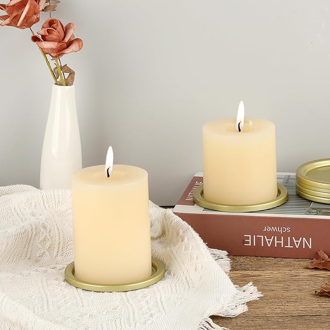 OwnMy 3PCS Iron Candle Holders for Pillar Candles, 3 Inch Metal Pillar Candle Plates and Trays, Small Round Tealight Holders Elegant Candle Stands Bases for Wedding Dining Table Centerpieces, Gold