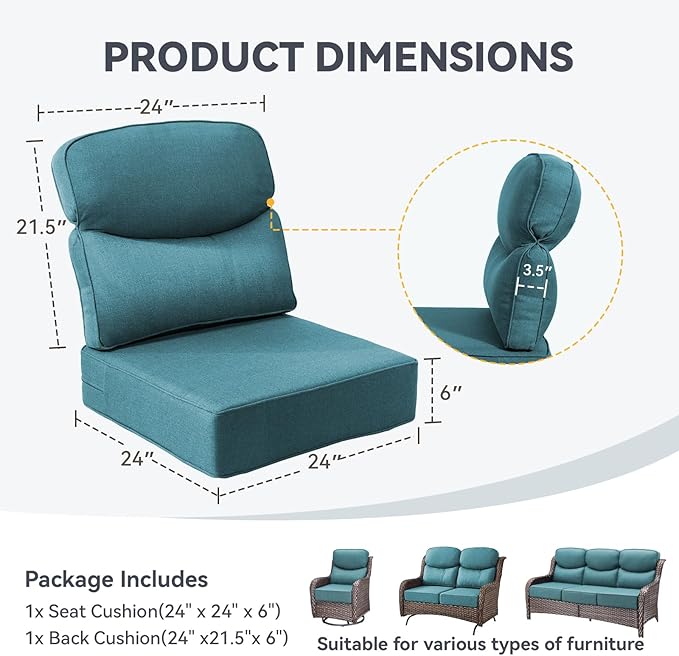 Luxury 6-Inch Outdoor Chair Cushions - 24"* 24" Patio Furniture Cushions with Dual Layer Back Support & Removable Cover, 28D High Density Sponge Patio Cushion for Outdoor Furniture Couch Peacock Green