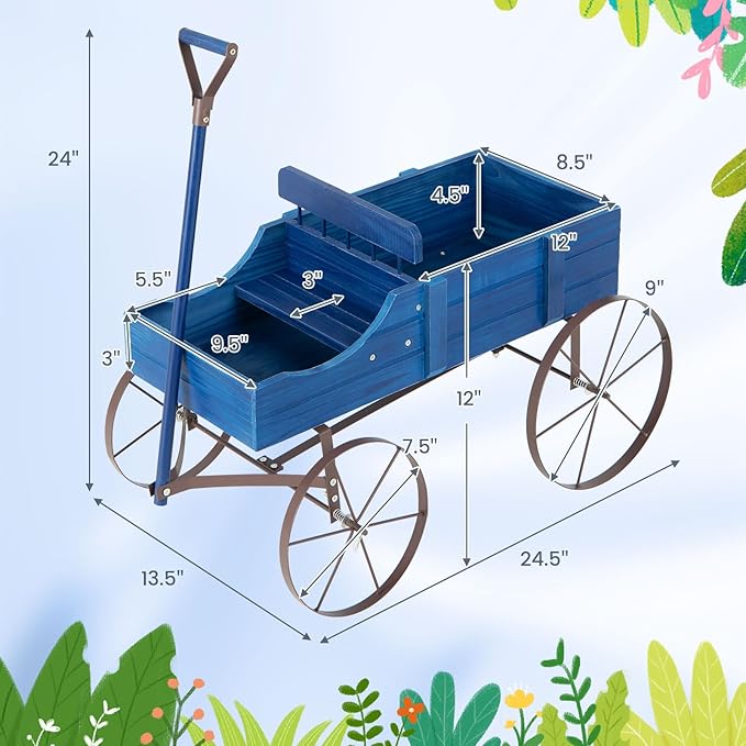 Wooden Wagon Planter, Decorative Garden Wheelbarrow Planter with 2 Planting Sections, Rolling Wheels, Adjustable Handle, Small Wagon Cart Planter Stand for Flowers Vegetables Herbs (Blue)
