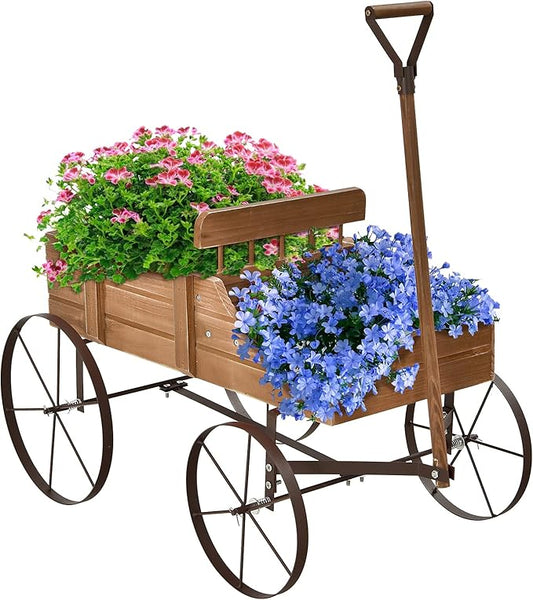 Goplus Wagon Planter, Decorative Wooden Garden Planter with Wheels, 2 Planting Sections and Adjustable Handle, Indoor Outdoor Backyard Balcony Decor (Brown)
