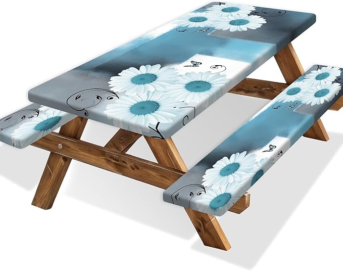 Picnic Table Cover with Bench Covers and Bag, Daisy Outdoor Waterproof Windproof Tablecloth with Elastic Edges. Camping Accessories RV Gear Campers Must Have 96x30 Inches 3 Pcs Set (Teal)