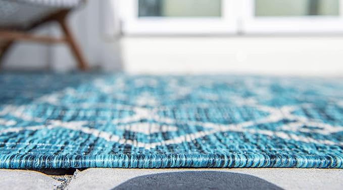 Unique Loom Outdoor Trellis Collection Area Rug - Tribal Trellis (2' x 6' 1" Runner, Teal/ Ivory)