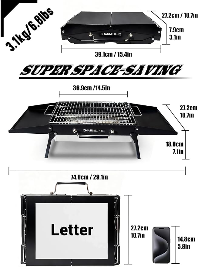 Charmline 15x11 inches Portable Charcoal Grill, Compact Portable BBQ Grill, Tabletop Charcoal Grills for Camping, Picnics, Gardens and Beach Parties, Black