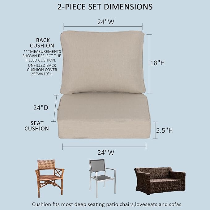 24x24 Inch Outdoor Deep Seat Cushions Set of 2,Thick High-Density Foam, Water-Resistant, Piped Edges & YKK Hidden Zipper for Patio Furniture,Putty