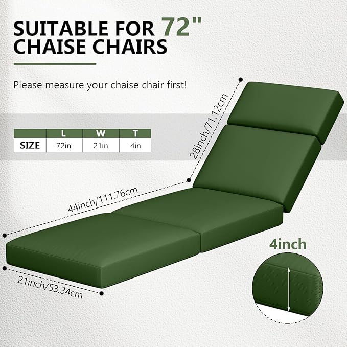 Chaise Lounge Cushions Outdoor, 72 x 21 x 4 Inch Lounge Chair Cushions for Outdoor Furniture - Waterproof Lounge Patio Replacement Cushion, 4In Fade-Resistant ThickPatio Chaise Lounge Cushion