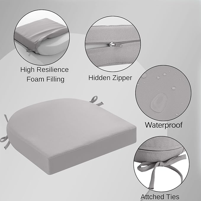 idee-home Outdoor Chair Cushions Set of 4, Thick 19" x 19" x 3" Patio Chair Cushions for Outdoor Furniture Waterproof with Ties, Seat Cushion, Chair Pads Dining Chair Grey