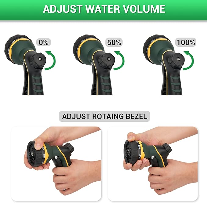 NGreen Garden Hose Sprayer Nozzle - Water Spray with 8 Adjustable Patterns, Impact Resistant and Non-Slip for Watering Plants, Pets Bathing and Cleaning,Car Washing (Green)