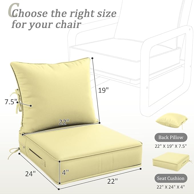 Outdoor Patio Chair Cushions Set 22 L X 24 W X 4 H Waterproof & Fade Resistant Deep Seat and Back Cushions with Removable Covers Outdoor Seat Cushion Set for Chairs and Sofas