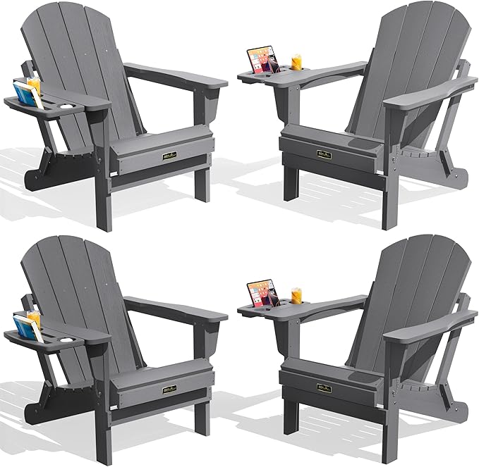 SERWALL Folding Adirondack Chair Set of 4, Outdoor Adirondack Chairs with 4 in 1 Cup Holder, Wood Texture Patio Chairs, Weather Resistant Fire Pit Chairs for Patio Deck Garden, Backyard Deck - Gray