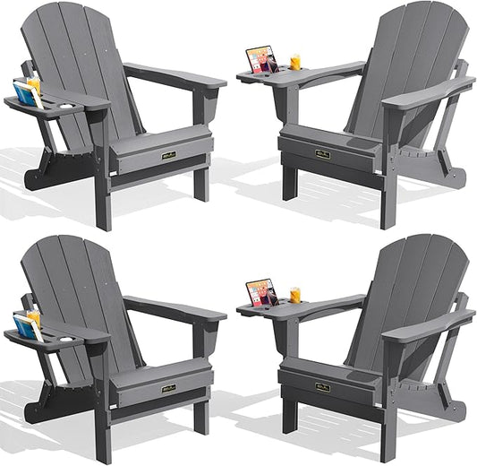 SERWALL Folding Adirondack Chair Set of 4, Outdoor Adirondack Chairs with 4 in 1 Cup Holder, Wood Texture Patio Chairs, Weather Resistant Fire Pit Chairs for Patio Deck Garden, Backyard Deck - Gray