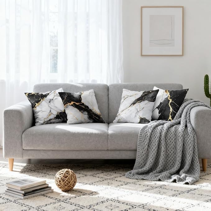 Marble Pillow Covers 18x18 inch Set of 4, White Black Gold Texture Modern Elegant Pillow Covers, Pillowcases Throw Pillow Covers for Sofa Couch Home Decor