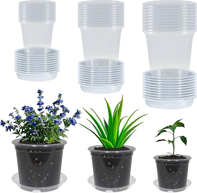 30 Pack 5/6/7 Inch Clear Nursery Pots with Drainage and 30 Pack Plant Saucers, Plant Pots for Plants Transparent Potting Containers for Plants Seeding Starter Pot (Clear, 5/6/7 Inch)