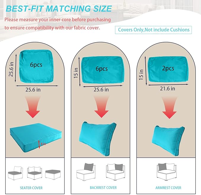 Outdoor Cushion Covers for Patio Furniture, Patio Cushion Covers Replacement with Zipper, Waterproof & Fade Resistant,Only Cover (Lake Blue, 25.6Lx25.6Wx4H - Only Covers)