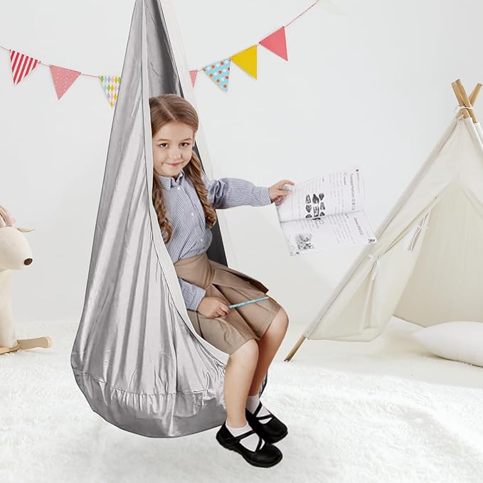 Kids Swing Seat Hammock Chair Indoor Outdoor Hanging Chair for Children,Soft & Safe with High Weight Capacity, Easy Install Perfect for Bedroom, Garden, Playroom (Gray)