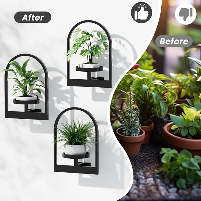 Plant Shelf, Hanging Frame Decor Wall Planters for Indoor Plants, Wall Plant Holder for Living Room/Entryway/Garden Flower Pot Holder Free Garden Shears (Arc-Black, 2pcs)