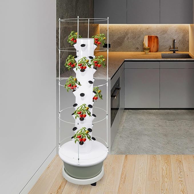 Hydroponic Growing Tower with Climbing Trellis, 30L Water Tank & Automatic Timer, Indoor Outdoor Vertical Garden System for Vegetables Herbs Strawberries (Light Green - 36 Holes)