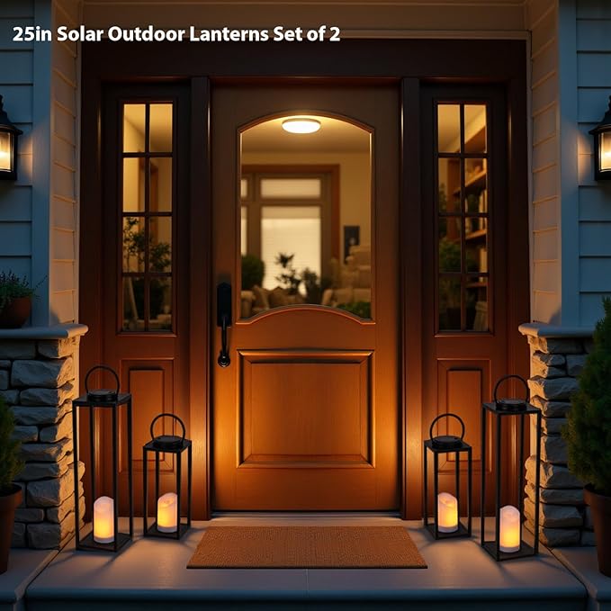Large Solar Outdoor Lanterns, 25" 16" Tall Farmhouse Black Metal Waterproof Decorative Lanterns with Solar Candles for Front Porch, Patio, Christmas, Fall Decor- Set of 2