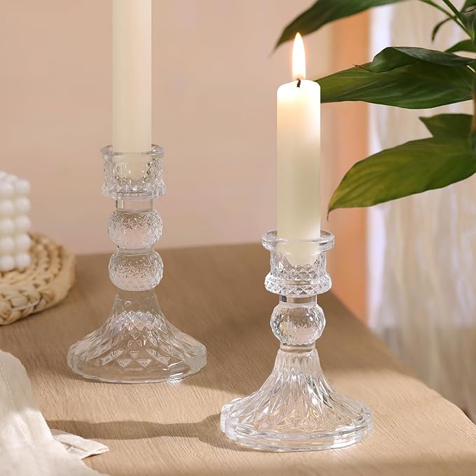 DARJEN Clear Glass Candlestick Holders Set of 6, 4" H & 5" H Taper Candle Holders for Candlesticks & Pillar Candles, Diamond Candle Holders for Wedding Party Table Centerpiece, Home Decor