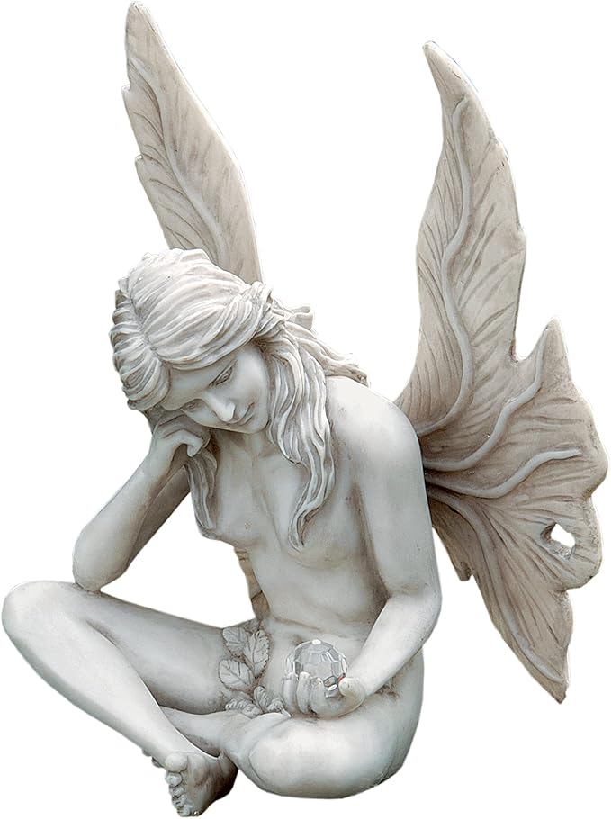 Design Toscano Gazing Secret Garden Fairy Woman Statue Figurine, 7 inches wide, 10 inches tall, Cast Stone Resin, Antique Stone Finish