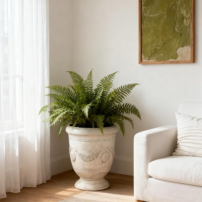 Planters for Indoor & Outdoor Plants, 16.5 Inch Large Magnesium Oxide Urn Planter with Drainage Hole, Decorative Unique Garden Plant Pots for Front Porch & Home Decor, Lightweight, White