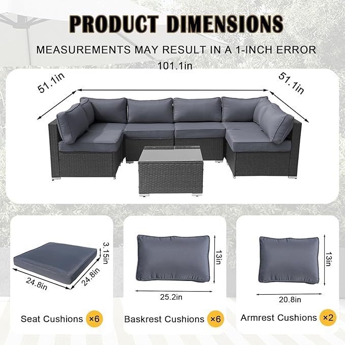 14Piece Outdoor Sofa Cushion Replacement, Patio Furniture Waterproof Cushion with Zippers, fit 6-Seat Outdoor Wicker Rattan Sectional Couch (BlackGrey, 24.8"x24.8"x3.15")