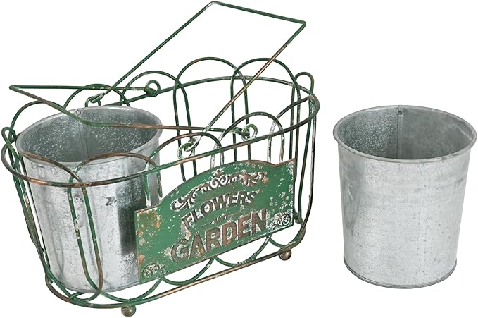 Vintage 2-Piece Metal Planter Set, Distressed Green Iron Wire Basket with Flowers Garden Sign, Rustic Farmhouse Plant Pots for Tabletop, Window Sill & Balcony Decor