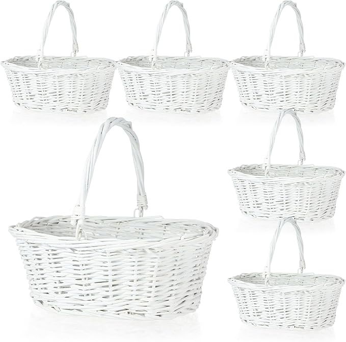 Barydat 6 Pcs Small Wicker Picnic Basket with Handle Flower Girl Baskets Oval Willow Woven Braided Gift Basket for Easter Weddings Baby Shower Home Garden Decor (White,12'' x 9'' x 5'')