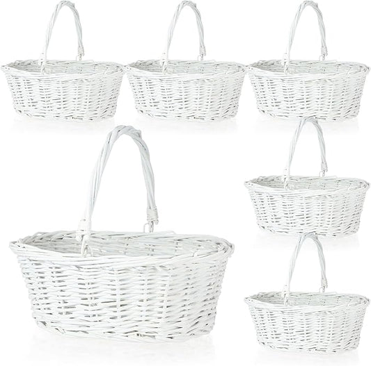 Barydat 6 Pcs Small Wicker Picnic Basket with Handle Flower Girl Baskets Oval Willow Woven Braided Gift Basket for Easter Weddings Baby Shower Home Garden Decor (White,12'' x 9'' x 5'')