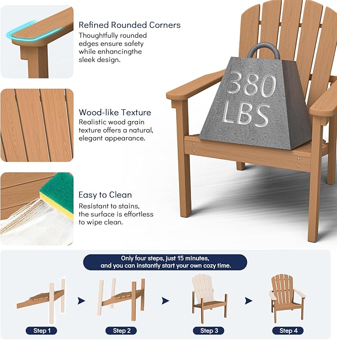 nevilywood Compact Stackable Adirondack Chairs, 26.3" Wide HDPE Outdoor Patio Chairs - Durable, Space-Saving Design for Porch, Lawn or Garden, Teak