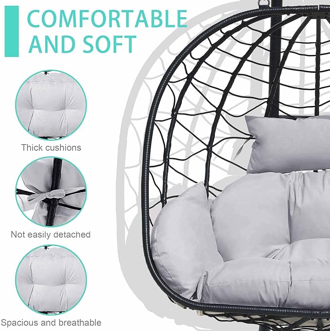 Hanging Egg Chair with Stand Indoor Swinging Chair Outdoor Hammock Egg Chair for Patio, Bedroom, Garden and Balcony (Gray+Black, Large)