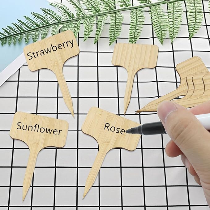 60Pcs Bamboo Plant Tags (6 x 10 cm) T-Type Plant Tags with A Marker Pen, House Plant Labels Garden Markers for Bamboo, Herb, Vegetable