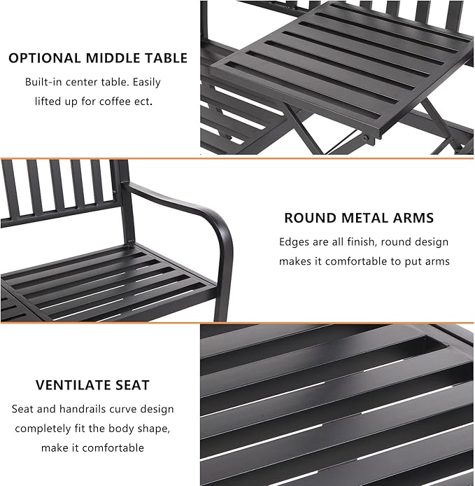 VINGLI 59" Outdoor Metal Bench Patio Bench with Built in Table Park Bench Garden Bench, Outside Benches Weather Proof Front Porch Bench for Yard Lawn Decor Deck