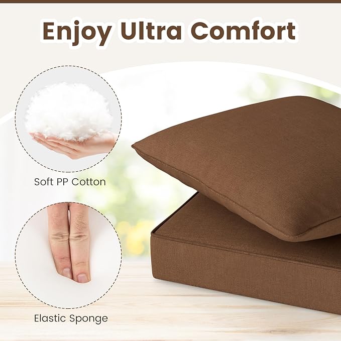 Giantex Patio Cushion Set, Outdoor Chair Seat Pads w/Non-Slip Rope Belts, Detachable Patio Furniture Cushions, Thick Seat Cushion & Back Cushion for Living Room Floor Sofa Patio Garden Chair (Brown)