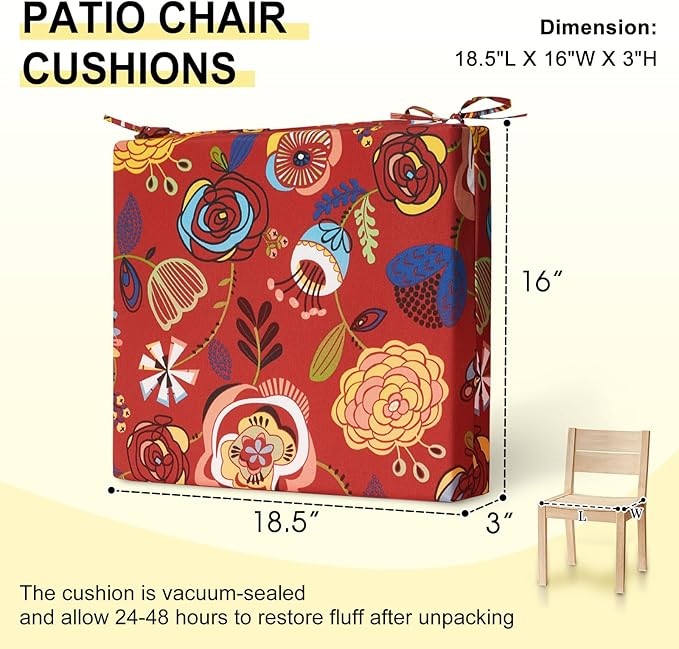 downluxe Outdoor Chair Cushions Set of 4 for Patio Furniture, Water-Resistant Square Corner Patio Chair Cushions with Ties, High Density Foam Outdoor Seat Cushion, 18.5" X 16" X 3", Sonia Scarlet