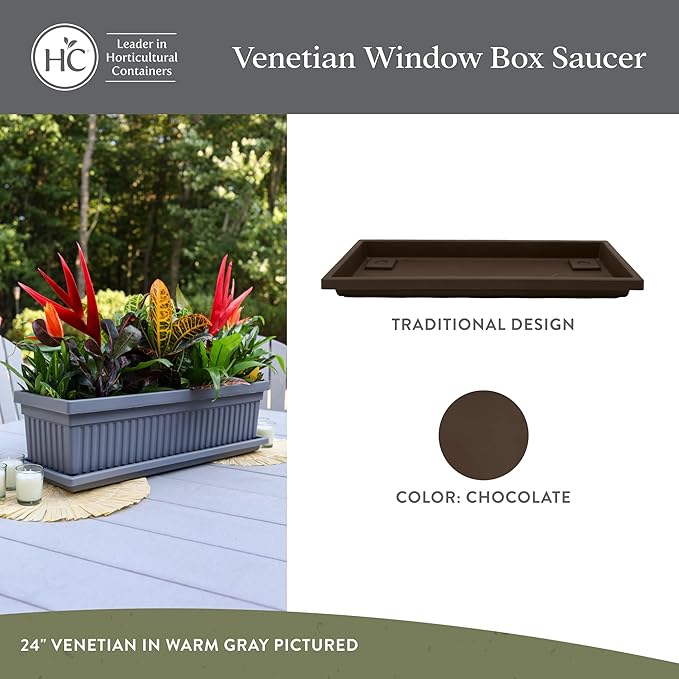 The HC Companies 29.5 Inch Venetian Rectangular Plant Saucer, Lightweight UV-Resistant Plastic Outdoor & Indoor Flower Pot Tray, 2-Pack Plant Pot Trays for Garden & Home Decor, Chocolate