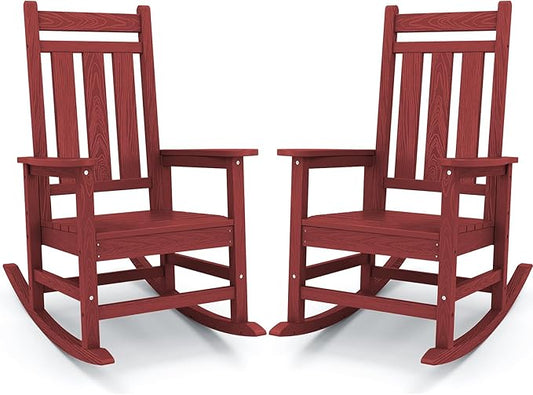 KINGYES Outdoor Rocking Chair Set of 2, All-Weather Patio Rocking Chairs for Porch, HDPE Rocking Outdoor Chairs with High Back for Adult, Heavy Duty Outdoor Patio Rockers for Garden, Lawn, Red