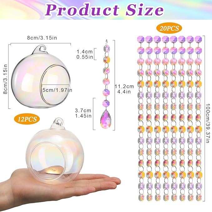 56 Pcs 3.15'' Hanging Glass Tealight Holder Globe with K9 Crystal Garland Strands,Teardrop Pendant Hanging Tealight Candle Holder Orbs Air Plant for Wedding Centerpiece Party Decor (Colorful)