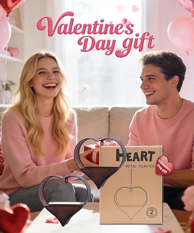 Metal Plant Hangers Indoor and Outdoor: Valentines Day Gifts for Her Wife Women Mom Garden Lovers Birthday - Heart Shape Hanging Planters for Window Wall Living Room Office Decor(2 Pack)