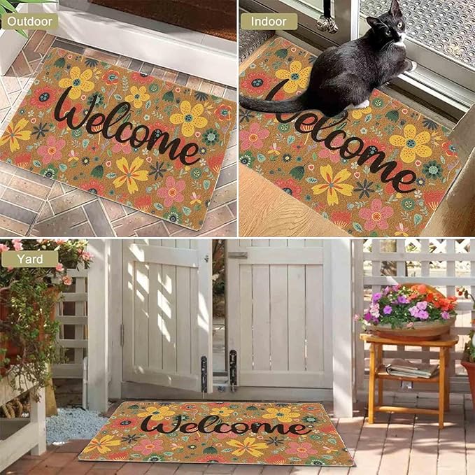 Spring Floral Welcome Mats for Front Door, Indoor, Outdoor, Entryway, Faux-Coir Seasonal Thin Doormat 17"X30", Outdoor-Porch-Rug Non-Slip Dirt-Trapping for Garden, Patio, Backyard