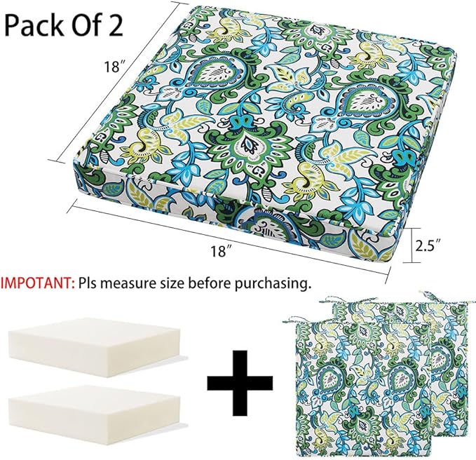 Magpie Fabrics Indoor Outdoor Waterproof Square Chair Cushion, 18" x 18" x 2.5", 2 Pack, Water Resistant Seat Cushions, for Patio Garden Office, Phoenix Blue Green